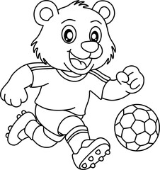 Happy bear mascot playing soccer, perfect outline for children's coloring books and sports-themed projects