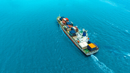 Aerial view of the freight shipping transport system cargo ship container. international...