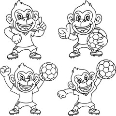 Fototapeta premium Happy monkey soccer player outlines for kids' coloring books, featuring various poses perfect for creative learning and fun