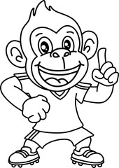 Black and white line art of a happy cartoon monkey giving a thumbs up and holding a soccer ball. Simple design perfect for coloring or basic illustrations