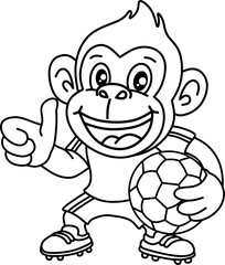Black and white line art of a happy cartoon monkey giving a thumbs up and holding a soccer ball. Simple design perfect for coloring or basic illustrations