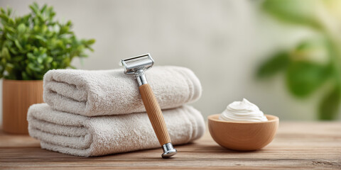 A stylish razor rests on soft towels beside a bowl of shaving cream, complemented by a small plant, creating a serene grooming atmosphere.