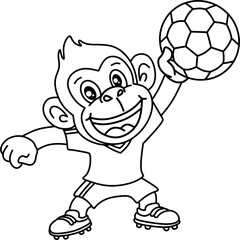 Black and white line art of a happy cartoon monkey giving a thumbs up and holding a soccer ball. Simple design perfect for coloring or basic illustrations