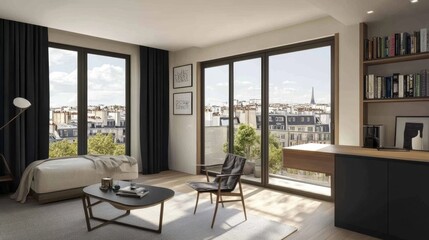 Fototapeta premium Stylish home office in a studio apartment with workspace blending into decor