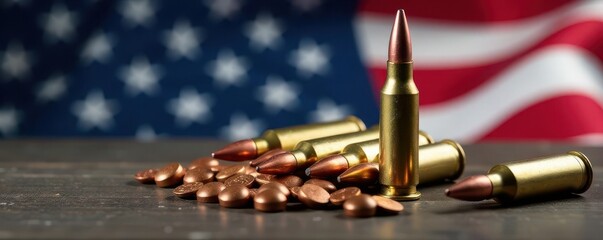 Close-up, spent rifle rounds, US flag background , weaponry, shooting