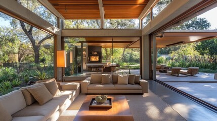 Sustainable living room using reclaimed materials, energy-efficient lighting, and natural fabrics
