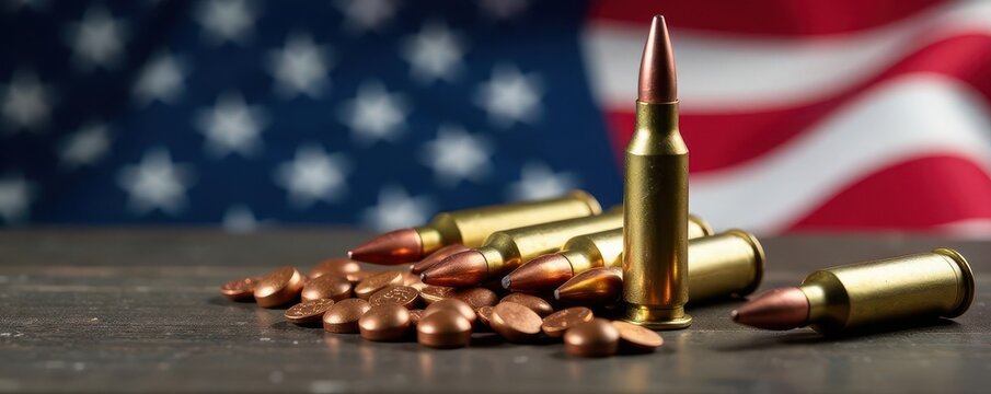 Close-up, spent rifle rounds, US flag background , weaponry, shooting
