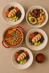 "A Variety of Healthy Bowls with Soup and Avocado"