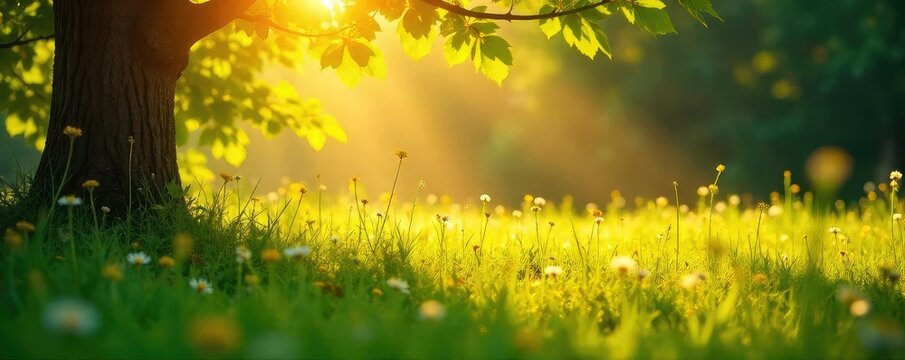 Golden sunlight streams through leaves onto a tranquil, sun-drenched meadow, evoking feelings of peace and warmth Perfect for summery, mindful themes , flora, green, bright