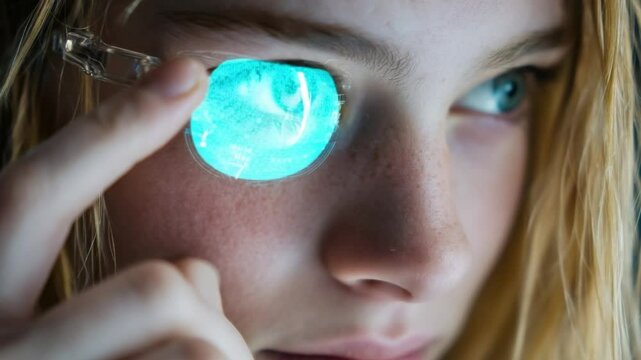 Cybernetic Eye: Close-up portrait of a young woman with blond hair, her expression serious and intense as she holds a glowing teal cybernetic eye patch over her eye. The image evokes a futuristic.