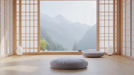 Zen-inspired living room with natural wood, floor cushions, shoji screens, and a calming aesthetic