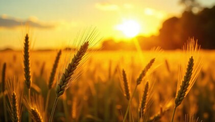 Golden hour sunlight bathes a lush field of ripening wheat, swaying gently in the warm summer breeze A perfect image for agricultural and summer themes , country, summer