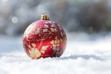 Red christmas ornament with gold details in the snow outside on transparent background