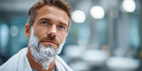 A man with a shaved face and beard cream looks thoughtfully while preparing for grooming in a modern barbershop environment.