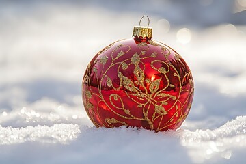 A red christmas ornament with gold design laying in the snow on transparent background