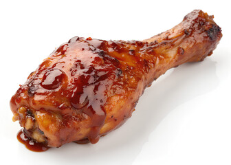 Barbecue glazed chicken drumstick on white
