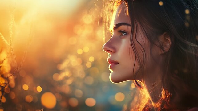 Golden hour portrait of a woman, serene expression, soft light, outdoors