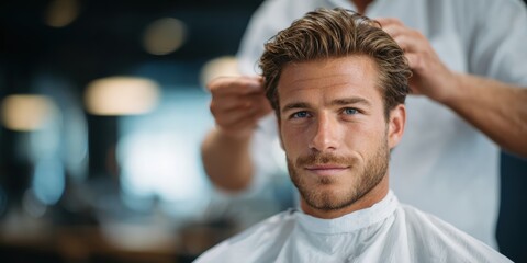 A man with stylish hair is getting a haircut in a modern salon, showcasing a relaxed atmosphere and professional grooming.