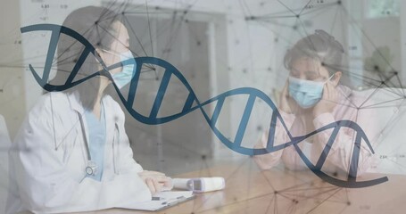 Doctor reviewing DNA data, placing thermometer, explaining results with DNA overlay easing anxiety - Powered by Adobe