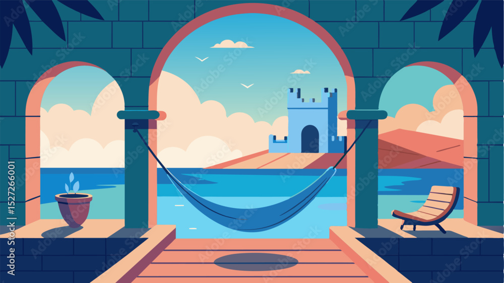 Poster the castles courtyard transformed into a serene outdoor workspace complete with a hammock and a view