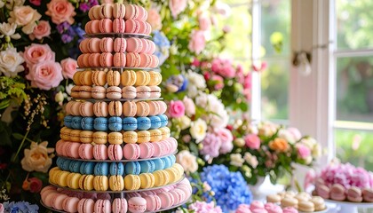 Pastel Macarons Tower with Floral Decor