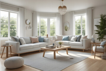 Fototapeta premium Elegant Natural Light Living Room with Neutral Tones and Greenery