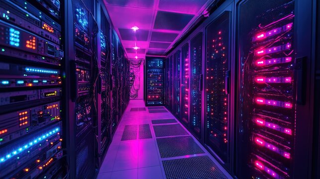 A quantum computing room with neon wires pulsating with futuristic energy  - Powered by Adobe