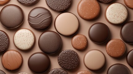 Obraz premium Professional food photography style 3D render of chocolate circular shapes arranged in elegant composition on invisible background, showcasing different chocolate varieties from bitter dark to creamy