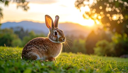 Obraz premium Brown Rabbit in Sunset Meadow