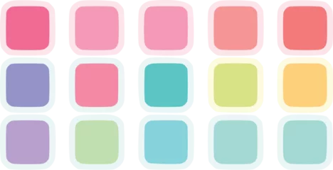Rideaux Années 50 patrons Vector pastel icon grid with fifteen rounded square buttons in pink, purple, green, and blue on a clean white background in a playful, minimalist candy style    © Your_Demon