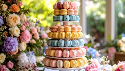 Pastel Macaron Tower with Floral Decorations