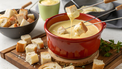Delicious Cheese Fondue with Bread Cubes and Dipping Forks Served in a Rustic Red Pot on a Wooden Board
