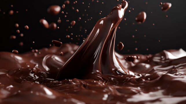 Ultra-detailed 3D rendering of rich molten chocolate exploding mid-air against a deep black background, capturing multiple chocolate droplets frozen in time with photorealistic textures, glossy