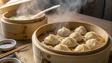 Steaming Hot Xiao Long Bao Dumplings in Bamboo Steamer with Soup and Condiments on a Wooden Table Delicious Asian Cuisine