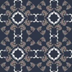 Seamless vintage damask floral tile design in blue and earthy tones, perfect for textile prints and home decor.