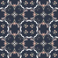 Seamless vintage damask floral tile design in blue and earthy tones, perfect for textile prints and home decor.
