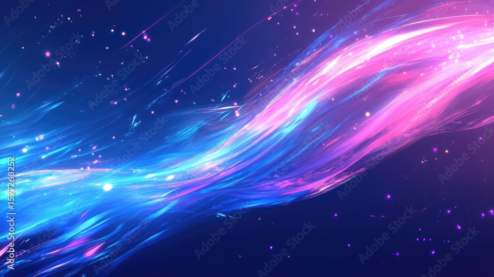 Poster immersive abstract design fusing digital tech waves in blue and pink with glowing neon motion lines 