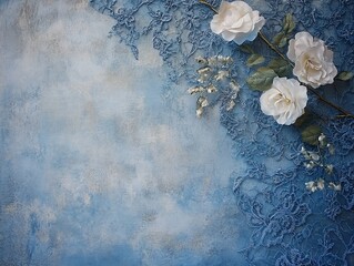 Elegant floral arrangement on a textured blue background featuring delicate lace