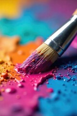 Fototapeta premium Close-up of a paintbrush saturated with vibrant, jewel-toned acrylic paints Ready to create a masterpiece Perfect for art, design, and creativity projects , creative, brushstrokes, macro