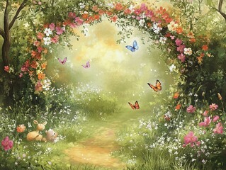 Enchanted Meadow, A Whimsical Watercolor Landscape with Butterflies and Flowers