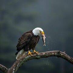 Fototapeta premium Predatory Bald Eagle Gripping Fish on Forest Branch