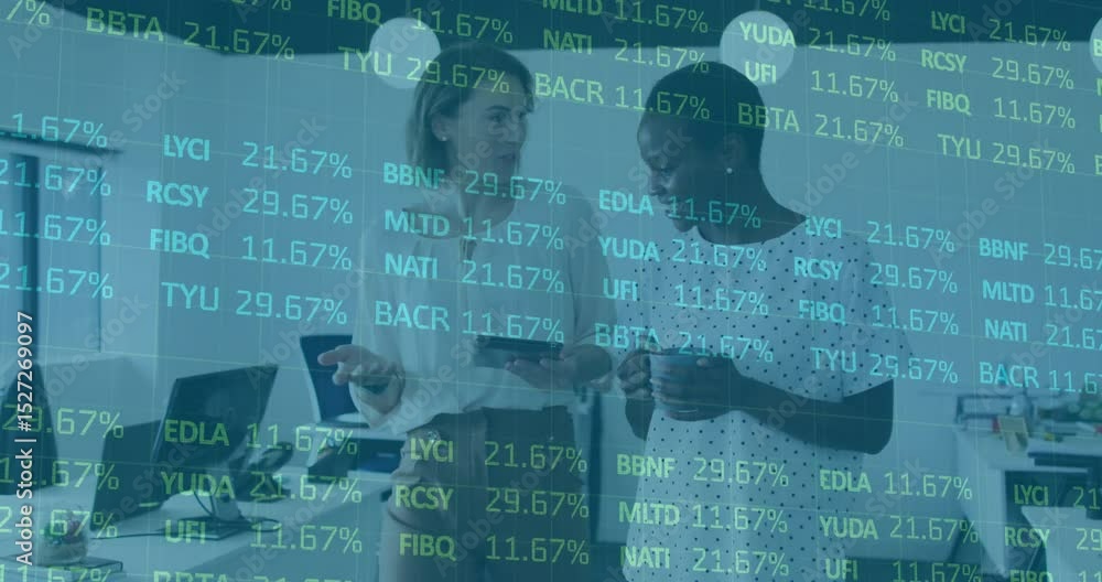 Aufkleber coworkers tapping tablet analyzing floating financial percentages pointing at changing data overlay