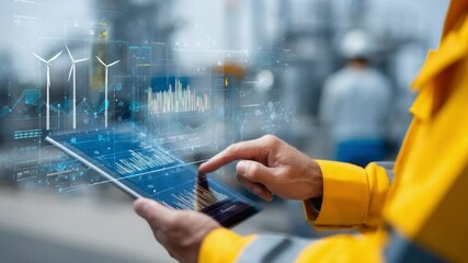 Technology and Energy: A professional, with a tablet in hand, examines digital representations of wind turbines and data visualizations. This represents a blend of renewable energy and technology. - Powered by Adobe