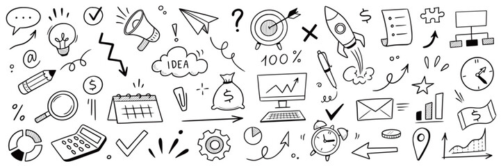 Plakat Business money sketch idea icon set. Hand drawn sketch elements for startup, project, goal and teamwork. Business graphic chart, rocket, growth marketing concept in chalkboard. Vector illustration