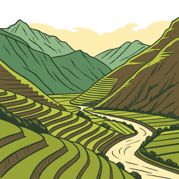 Aerial View of Peru&rsquo;s Sacred Valley with Lush Green Terraces and Winding Rivers. Perfect for: Inti Raymi, Sacred Valley (Cusco, Peru)