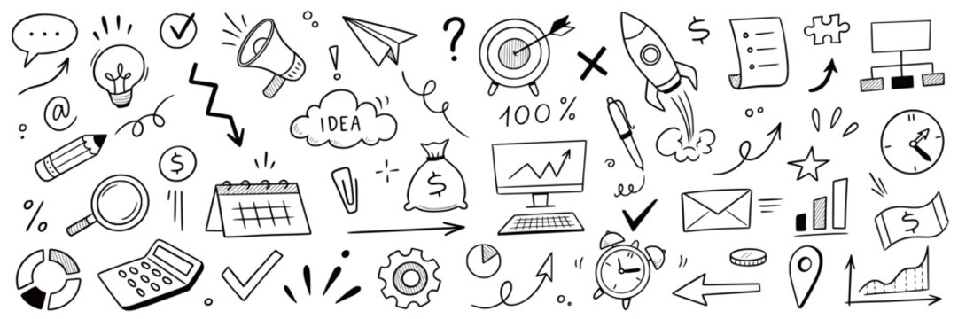 Business money sketch idea icon set. Hand drawn sketch elements for startup, project, goal and teamwork. Business graphic chart, rocket, growth marketing concept in chalkboard. Vector illustration