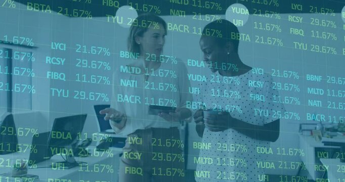 Coworkers tapping tablet analyzing floating financial percentages pointing at changing data overlay