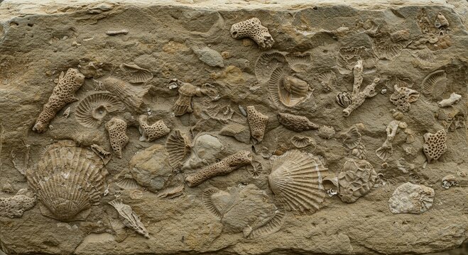 Ancient Marine Fossils Embedded in Sedimentary Rock Detailed Close up of Diverse Prehistoric Shell