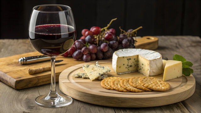 Selection of cheeses and crackers with a glass of red wine and grapes on a wooden board