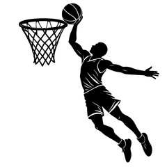 Silhouette of basketball player dunking